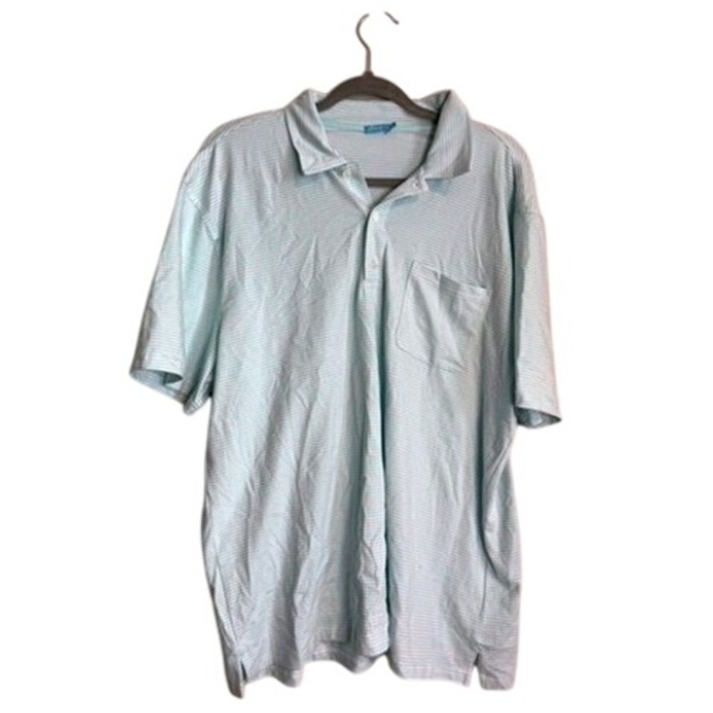 J. McLaughlin Mens XL Polo Shirt Light Blue White Striped Short Sleeve Pocket
